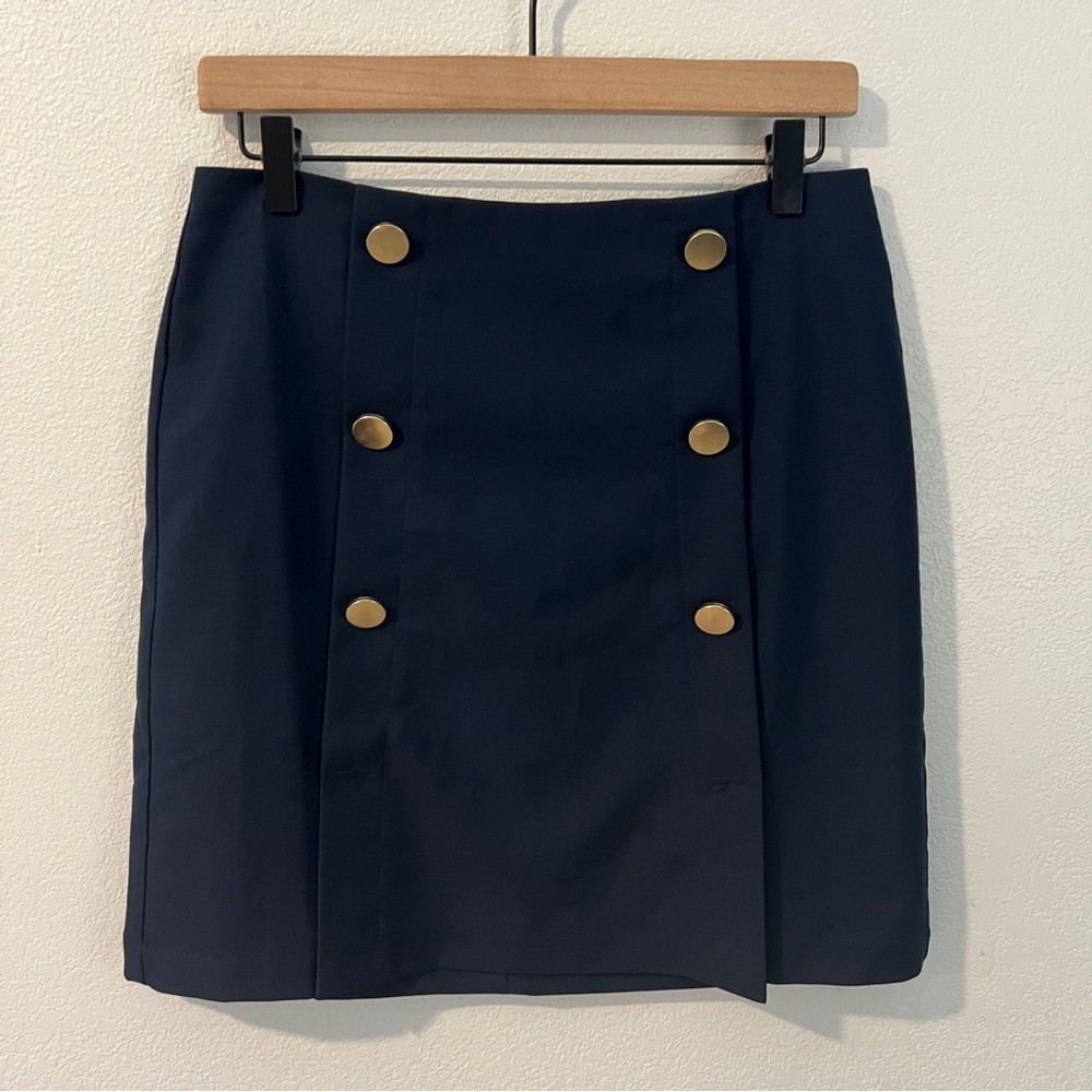 LOFT Navy Blue Button Front Sailor A-Line Skirt Nautical Preppy Size 4 Petite